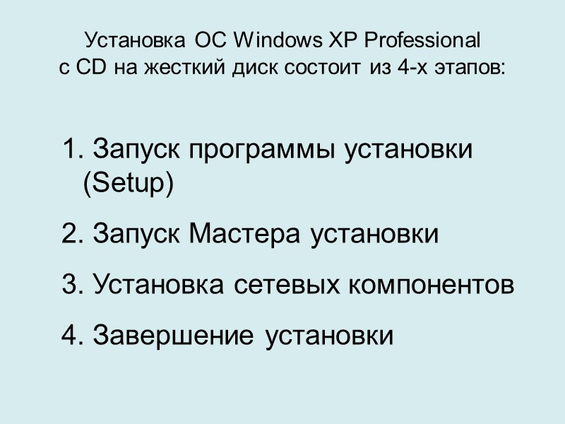 Установка ОС Windows XP Professional  c CD на жесткий диск состоит из 4-х